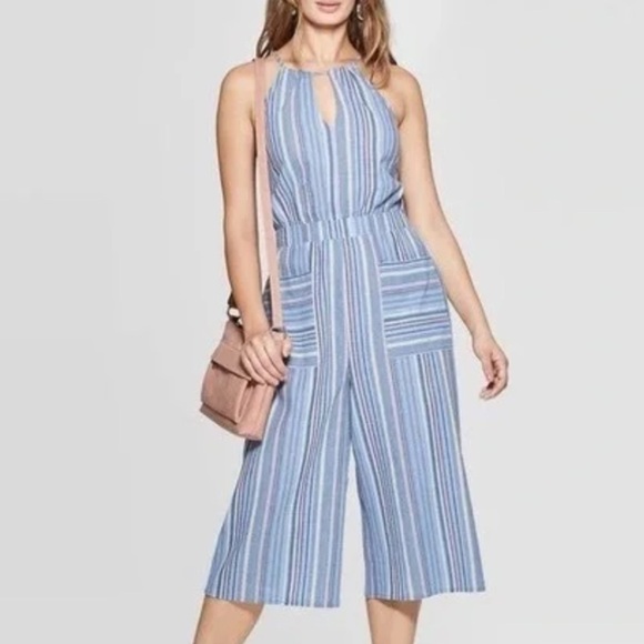 Universal Thread Pants - Universal Thread Women M Blue Stripe Cotton Wide Leg Cropped Halter Jumpsuit NWT